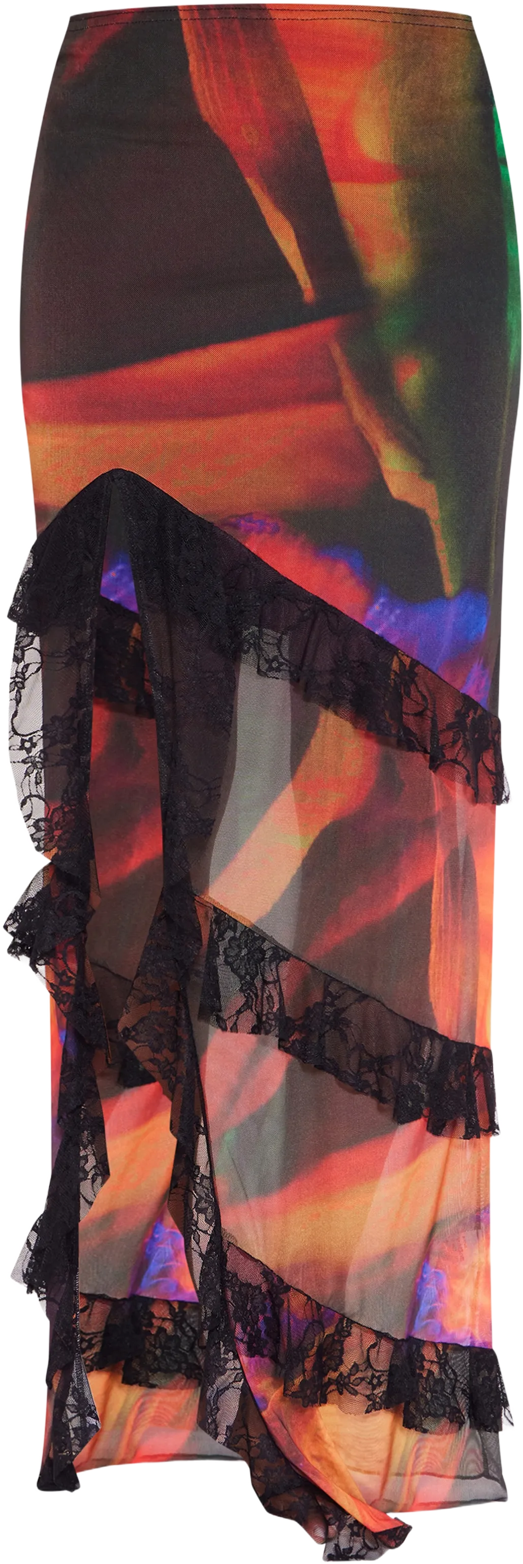 Black Tulip Print Lined Mesh Thigh Split Lace Trim Maxi Skirt