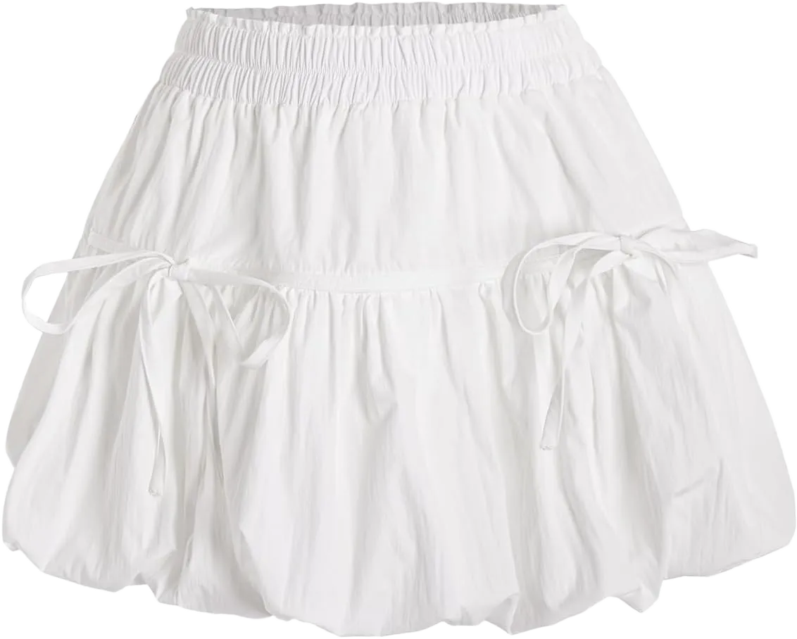 Verdusa Women's Bubble Skirt Ruffled Pleated Mini Skirt Elastic Waist Short Skater Skirts Medium White