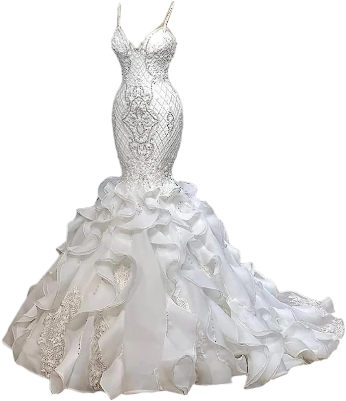 White Lace Organza Mermaid Women's Spaghetti Straps Wedding Dress Long Train Sleeveless Bridal Gown 16 White