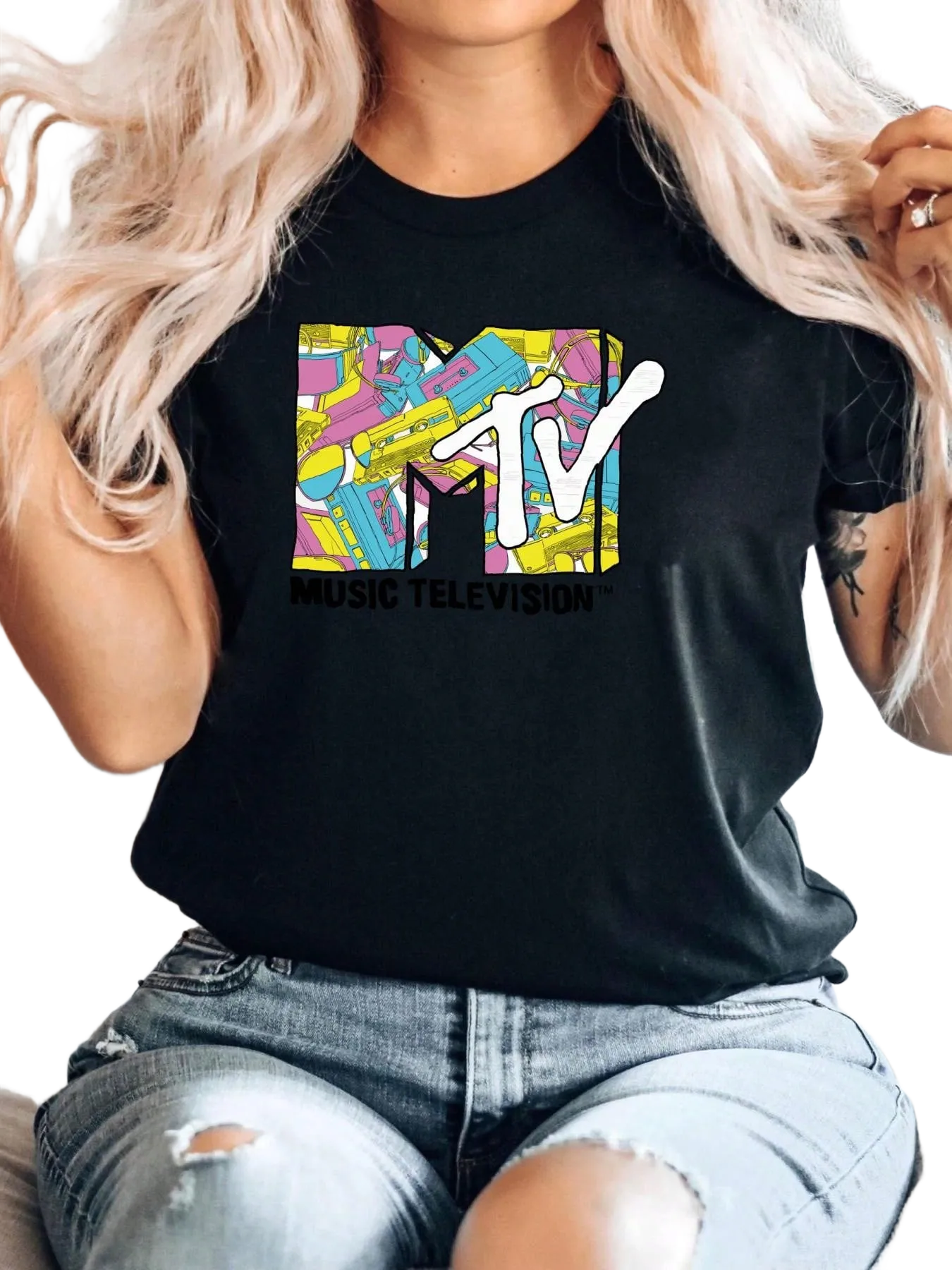 100% Cotton MTV Tape Cassette Collage Logo Men's T Shirt 80's Walk Headphones Music Versatile Designer Clothes Graphic Fashion Stretched Soft Unisex For Women Stylish Streetwear Print Round Neck Short Sleeve Casual Slightly Homme Summer Comfortable Breathable Top For Everyday Wear