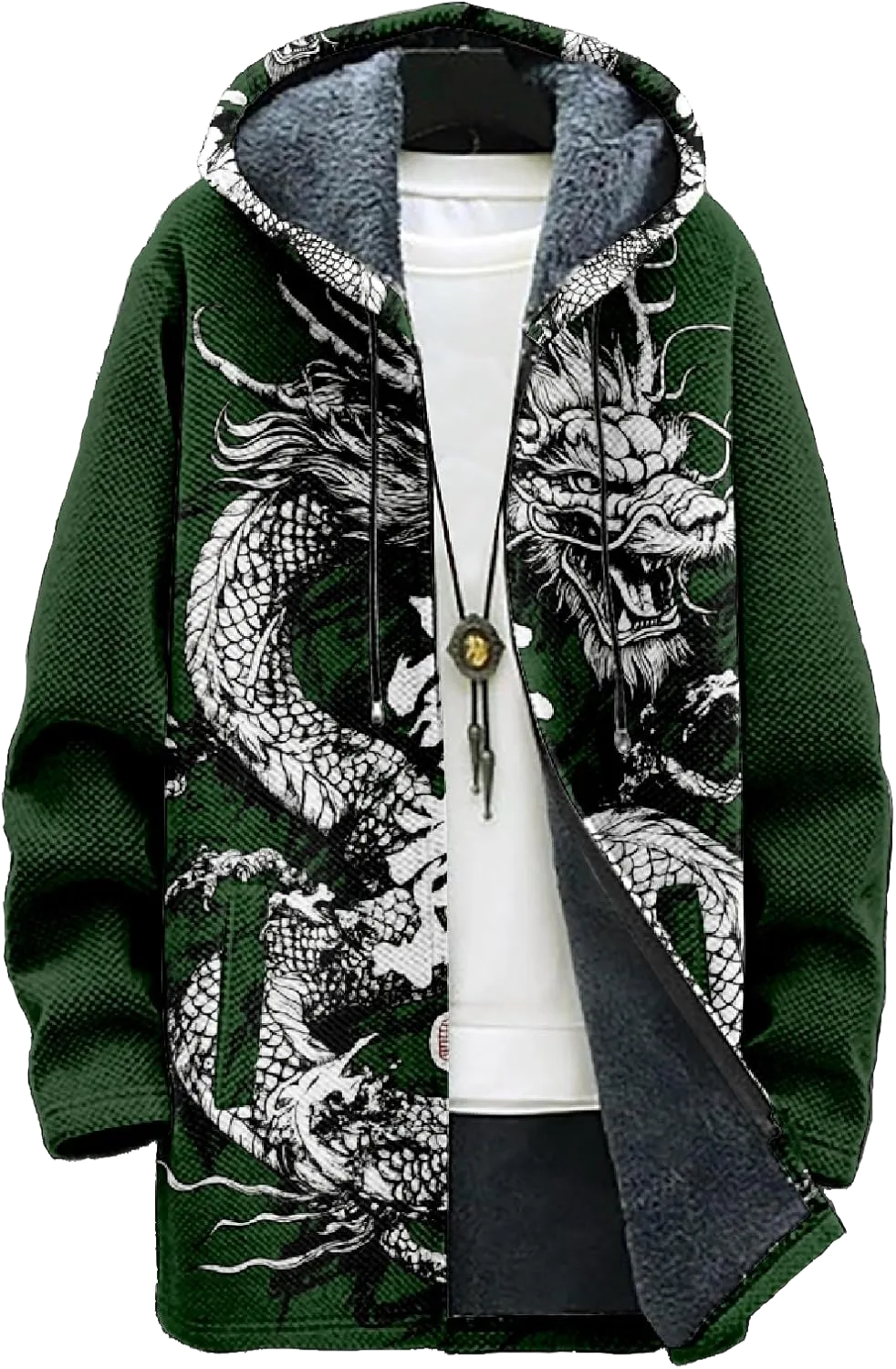 Mens Hooded Cardigan Sweater Japanese Art Zip Up Vintage Long Sleeve Casual Hoodie Dragon Print Coat with Pockets Green Ink Dragon 5X-Large