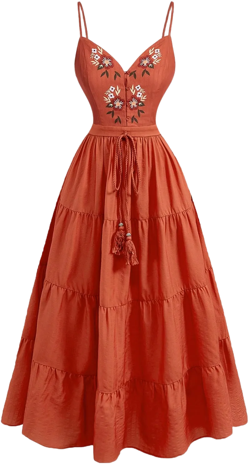 SHEIN MOD Women's Brown & Red Floral Print Mid-Length Vacation Dress, Boho Style