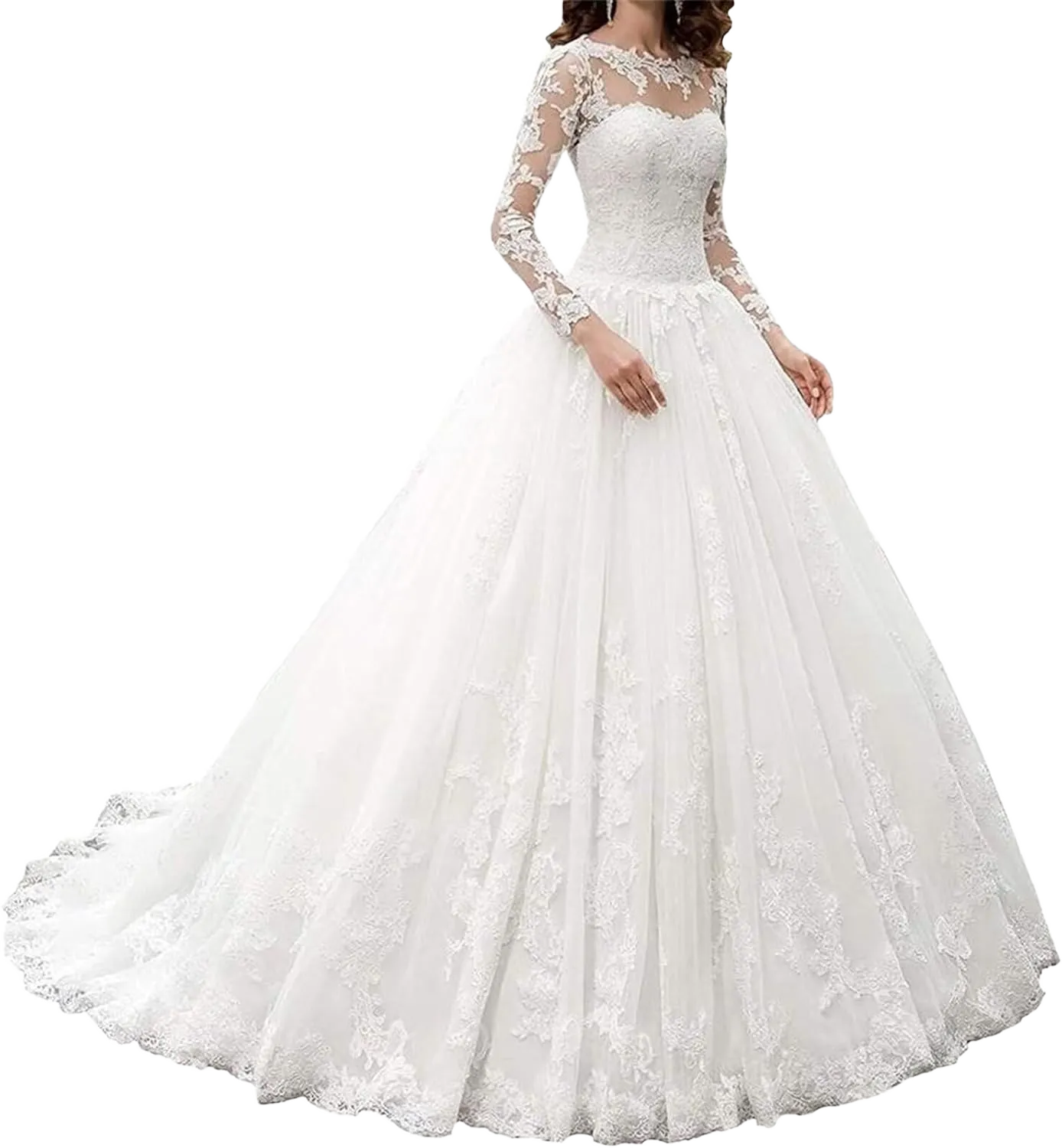 Tsbridal Women's Lace Appliques Long Sleeves Wedding Dresses Tulle Boho Bridal Gowns 2025 20 Plus Ivory