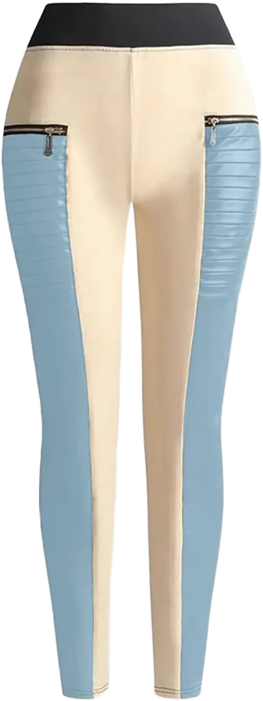 Flamingals Faux Leather Mid Waisted Tummy Control Motorcycle Leggings for Women Stretchy with Pockets Patch Zip 4X-Large Light Blue