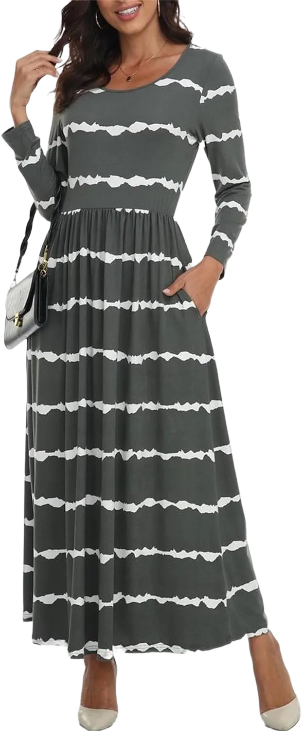 Women's Long Sleeves Maxi Dress Plain Empire Waist Casual Dress Loose Fall/Winter Dresses with Pockets Small Stripe Army Green