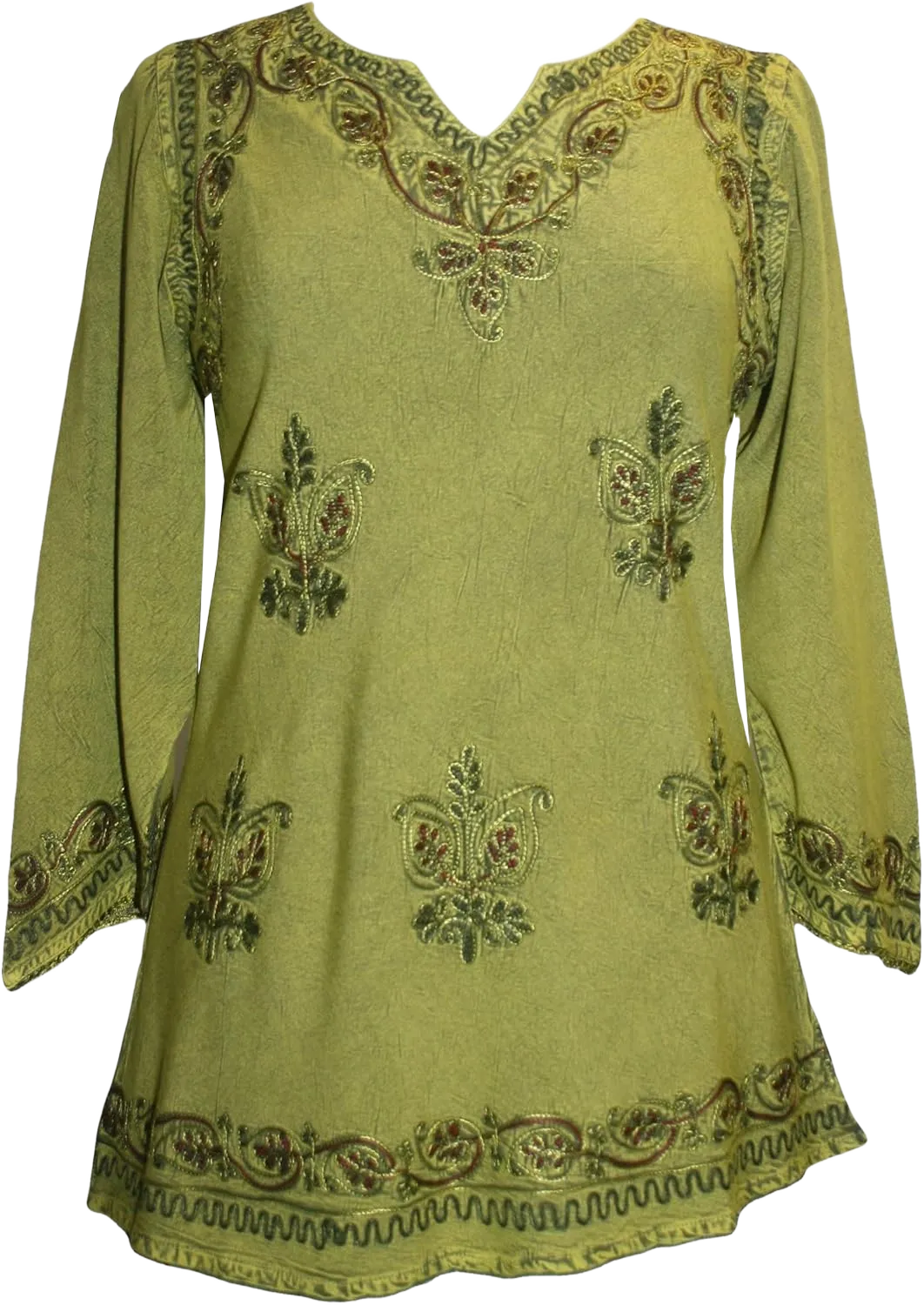 Agan Traders 2025 Summer Long Sleeve Diamond Neck Fall Embroidered Tops - Medieval Boho Vintage Tunic Kurta Blouses for Women XX-Large Lime