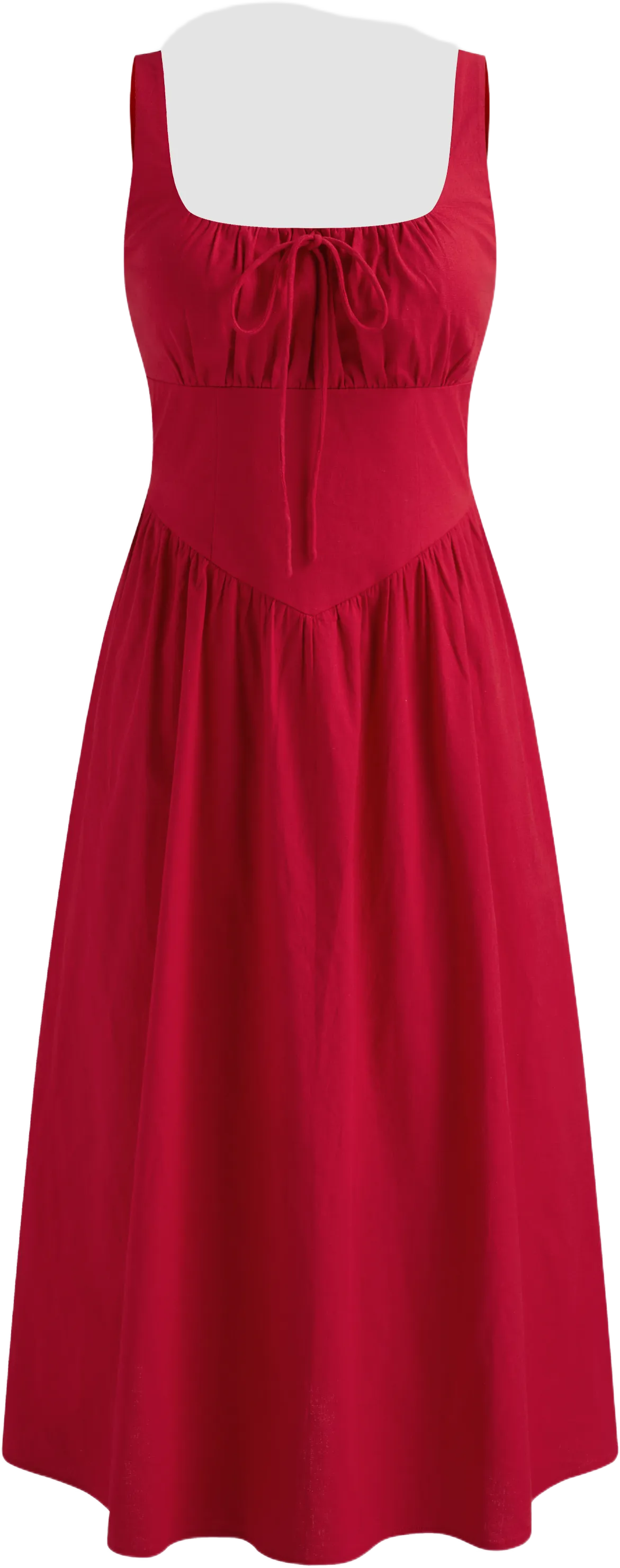 Linen-blend Square Neck Solid Knotted Midi Dress