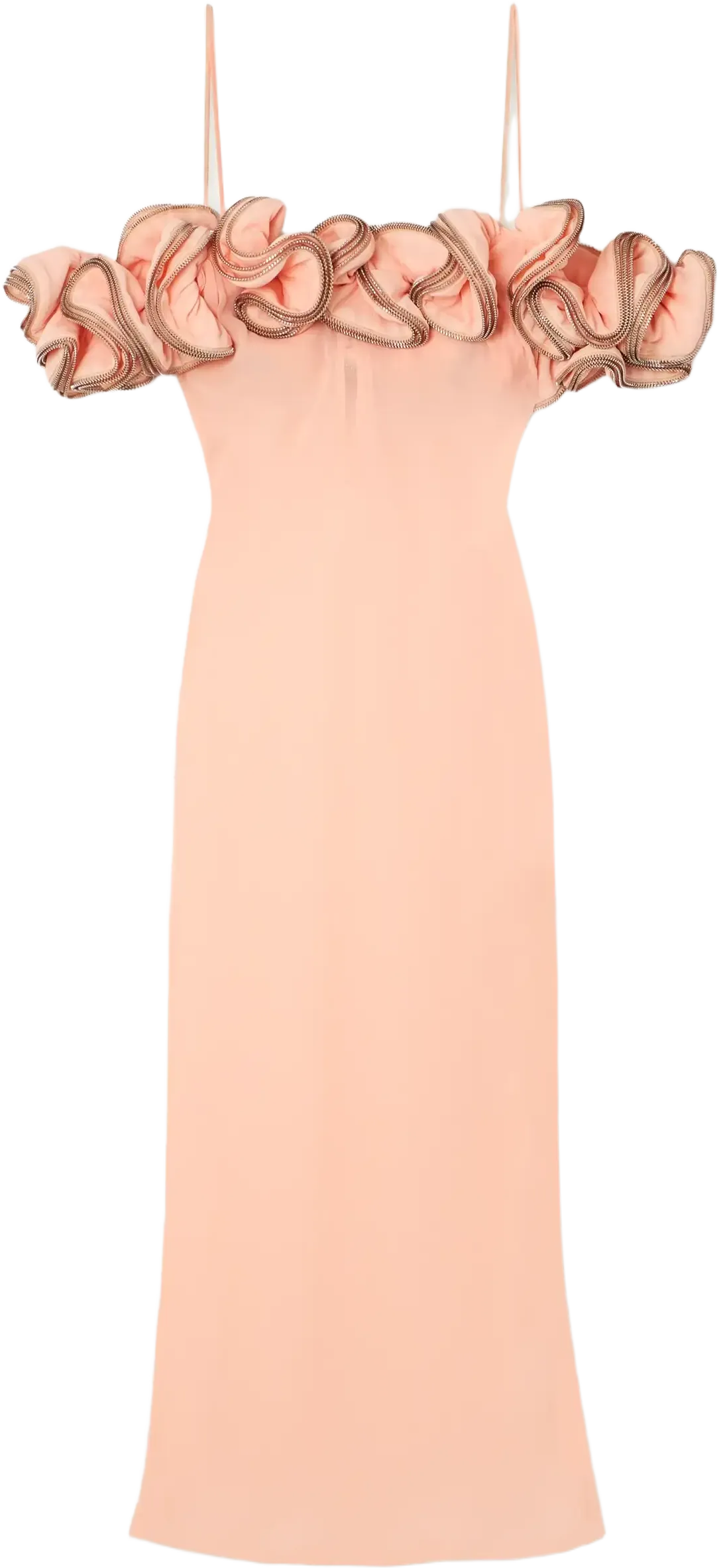 Off-the-shoulder zip-embellished ruffled chiffon midi dress