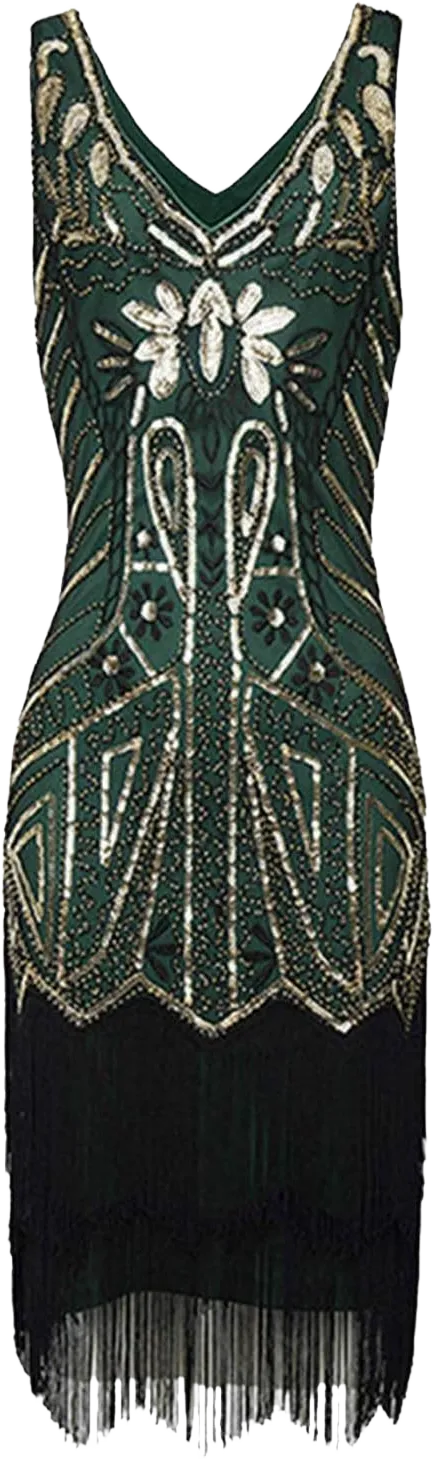 HGps8w Cocktail Dress for Women 1920s Vintage Fringed Gatsby Sequin Beaded Tassels Hem Ladies Elegant Flapper Dresses X-Large 01 Green