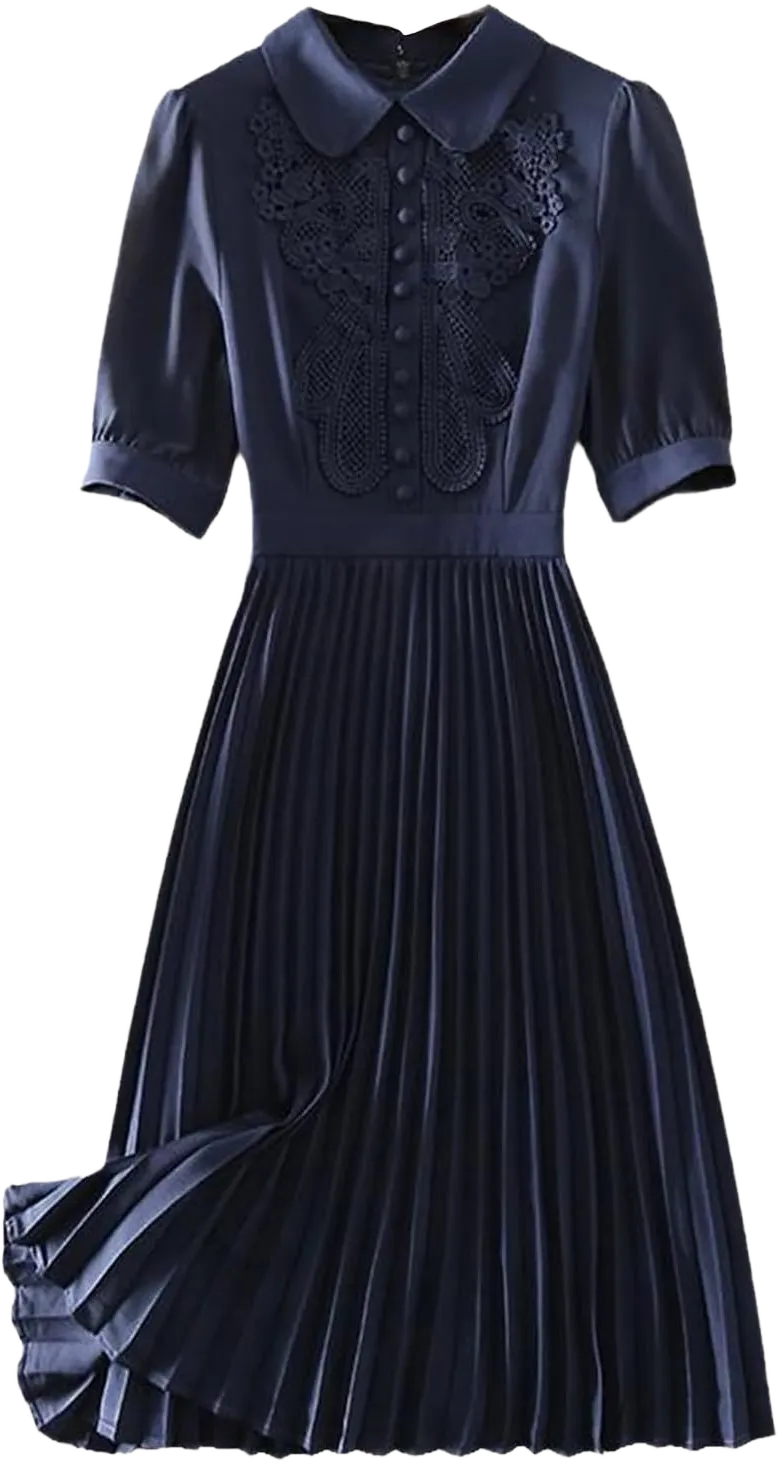 Retro Embroidered Pleated Dress Women's Summer Short Sleeve Midi-Length Party Dress Elegant Slim High Waist A-Line Dress Small Navy Blue