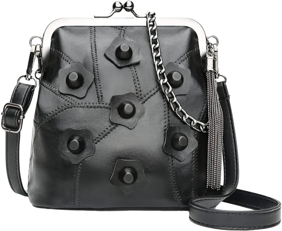 Vintage Kiss Lock Shoulder Bag With Tassel, Leather Flowers Rivets Chain Handle Handbag, Retro Messenger Crossbady Satchel for Women