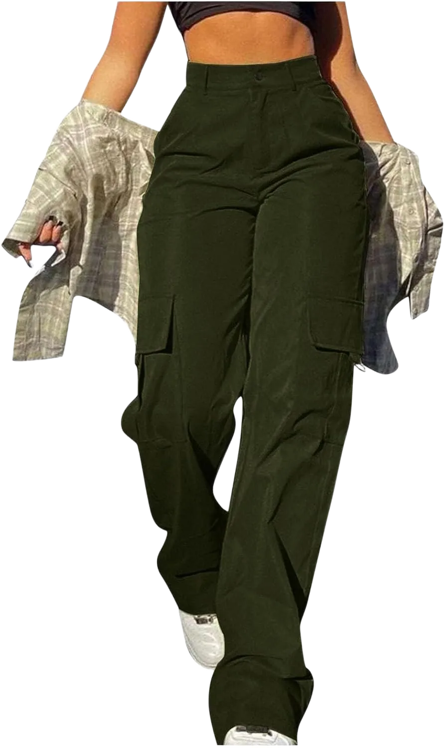Women High Waisted Cargo Pants Y2K Baggy Parachute Pant Wide Leg Loose Trousers with Pockets for Streetwear Small Army Green