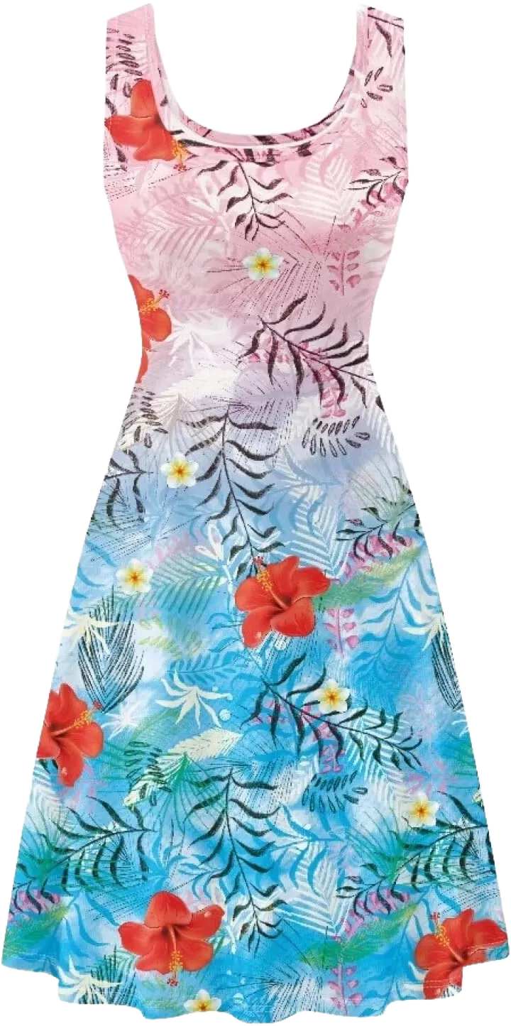 Women's Summer Casual Floral Print Midi Beach Sundress Sleeveless Scoop Neck Flowy A Line Tank Dress with Pockets XX-Large Pink Blue Tropical Flower
