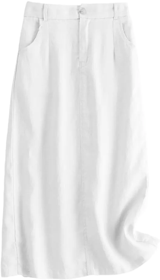 Mywinway Linen Skirts for Women Spring Summer Elastic High Waisted Cotton A Line Midi Skirt with Slit Small White