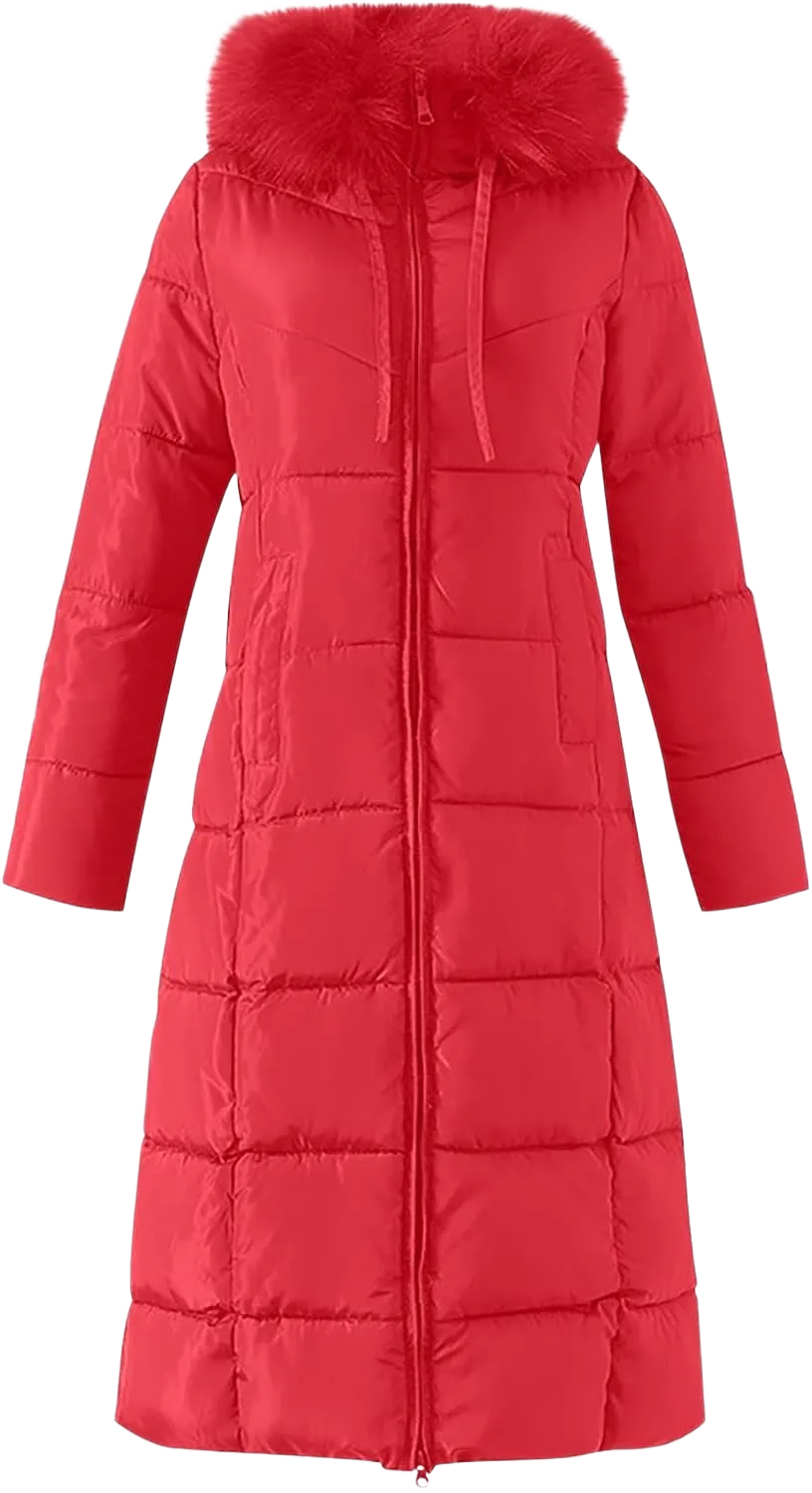Women Long Puffer Jacket Winter Coats with Fur Hood Cotton Padded Down Jacket Lightweight Quilted Jacket Thick Parka 4X-Large Winter Coats-red