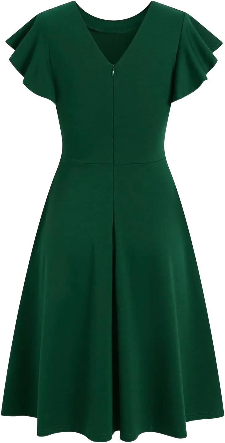 MSLG Women's Fit and Flare Ruffle Short Sleeves Dresses Work V-Back Cocktail Semi Formal A Line Dress with Pockets 842 Dark Green XX-Large