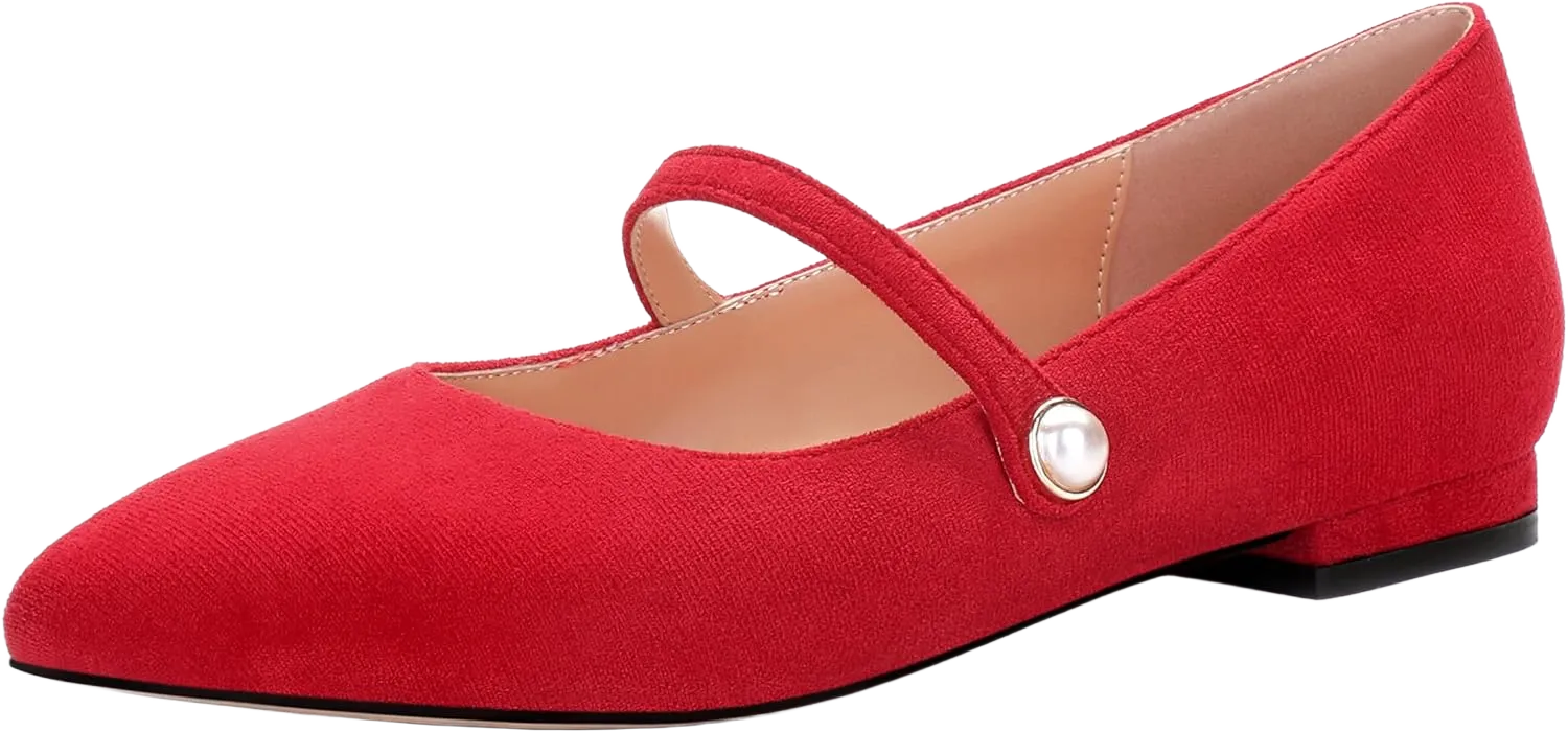 Mary Jane Shoes for Women, Ballet Flats Shoes for Women, Comfortable Women's Pointed Toe Backstrap Dressy Work Flats Shoes 9 Red Suede