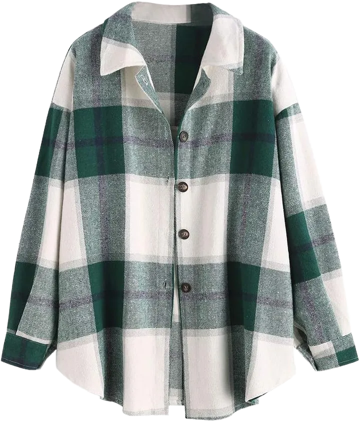 ZAFUL Women's Plaid Long Sleeve Shirt Button Down Thin Jacket Casual Flannel Plaid Shacket with Pocket Green Small