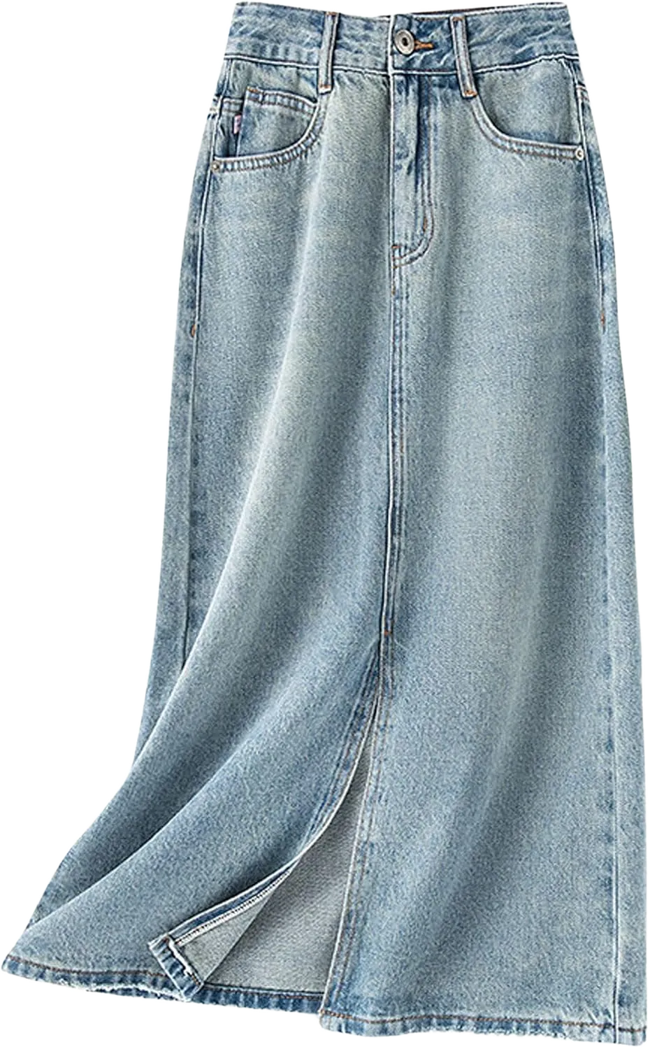 CHARTOU Women Casual Mid Long Denim Skirt Jean A Line Skirt Summer Packaged Hip High Waist Midi Denim Skirt with Slit Small Blue