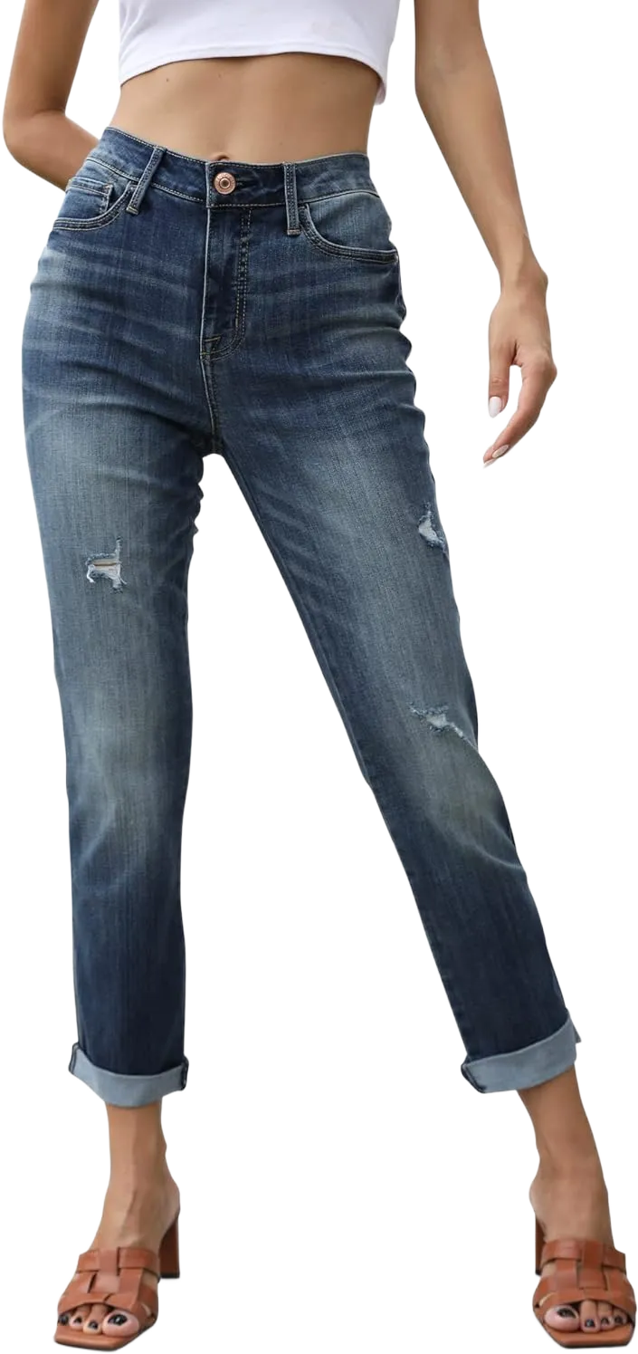 OFLUCK Women's High Waisted Boyfriend Jeans,Distressed Ripped Stretch Cropped Jeans