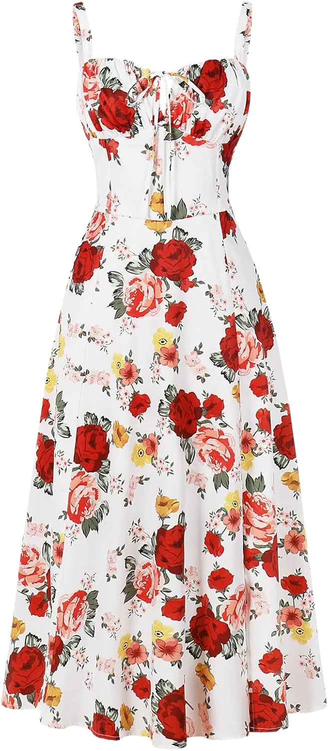 Women Floral Corset Dress Summer Dress 2024 Boho Flowy Slit Lace Up Midi Dresses Going Out A Line Casual Sundress Large White Red