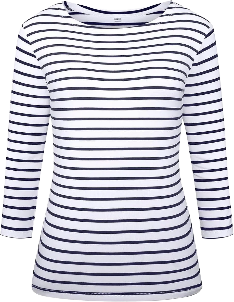 LilyCoco Womens 3/4 Length Sleeve Tops Striped Boatneck Shirt Breton French Cotton Tees