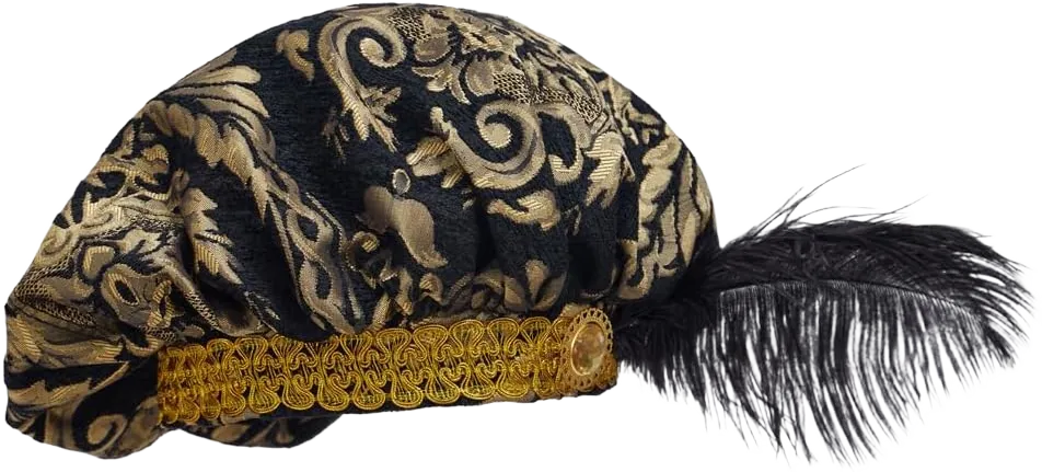Willyacos Mens Medieval Tudor Hat with Feather Muffin Top Hat Renaissance Tudor Flat Cap Minstrel Costume Headwear Headpiece One Size Black Gold