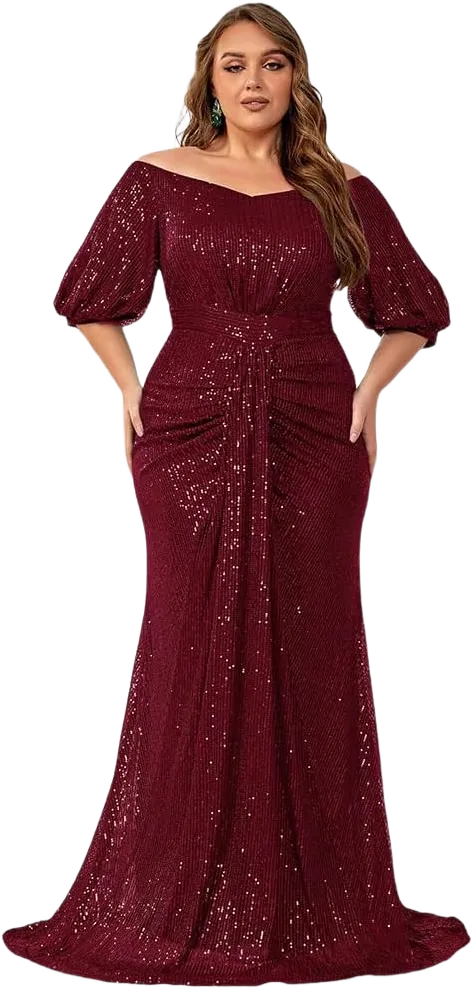 Women's Plus Size Off Shoulder Puff Sleeve Sequin Formal Maxi Dress Evening Party Gowns 4X-Large Red