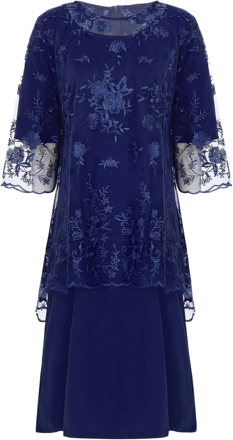Jelory Womens Elegant Embroidery Lace Cocktail Party Midi Dress Plus Size Short Sleeve Wedding Guest Dresses Small Navy Blue