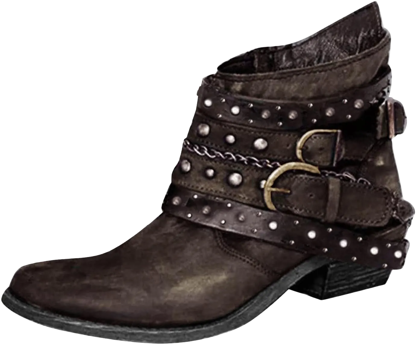 Women's Ankle Boots & Booties Wide Width,Punk Strap Trim Combat Boots Side Zipper Motorcycle Boots Goth Leather Boots 9.5 Brown