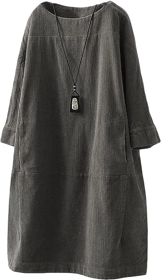 Minibee Women's Oversize Tunic Dress Corduroy Long Sleeve Tops with Pockets Medium Gray