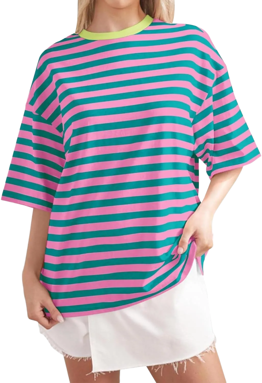 FUPHINE Womens T Shirts Loose Fit Casual Soft Cotton Crewneck Tops Short Sleeve Basic Tee Shirt Large Stripe Pink Green