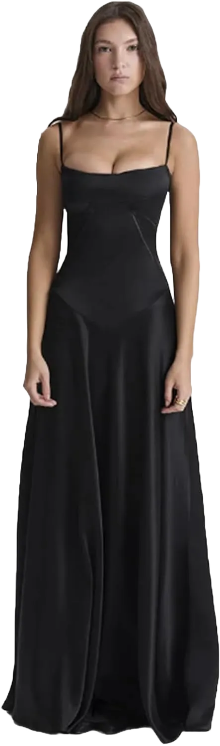 Women's Satin Off Shoulder Evening Dress Spaghetti Strap Scoop Neck Cocktail Party Dress 28 Black