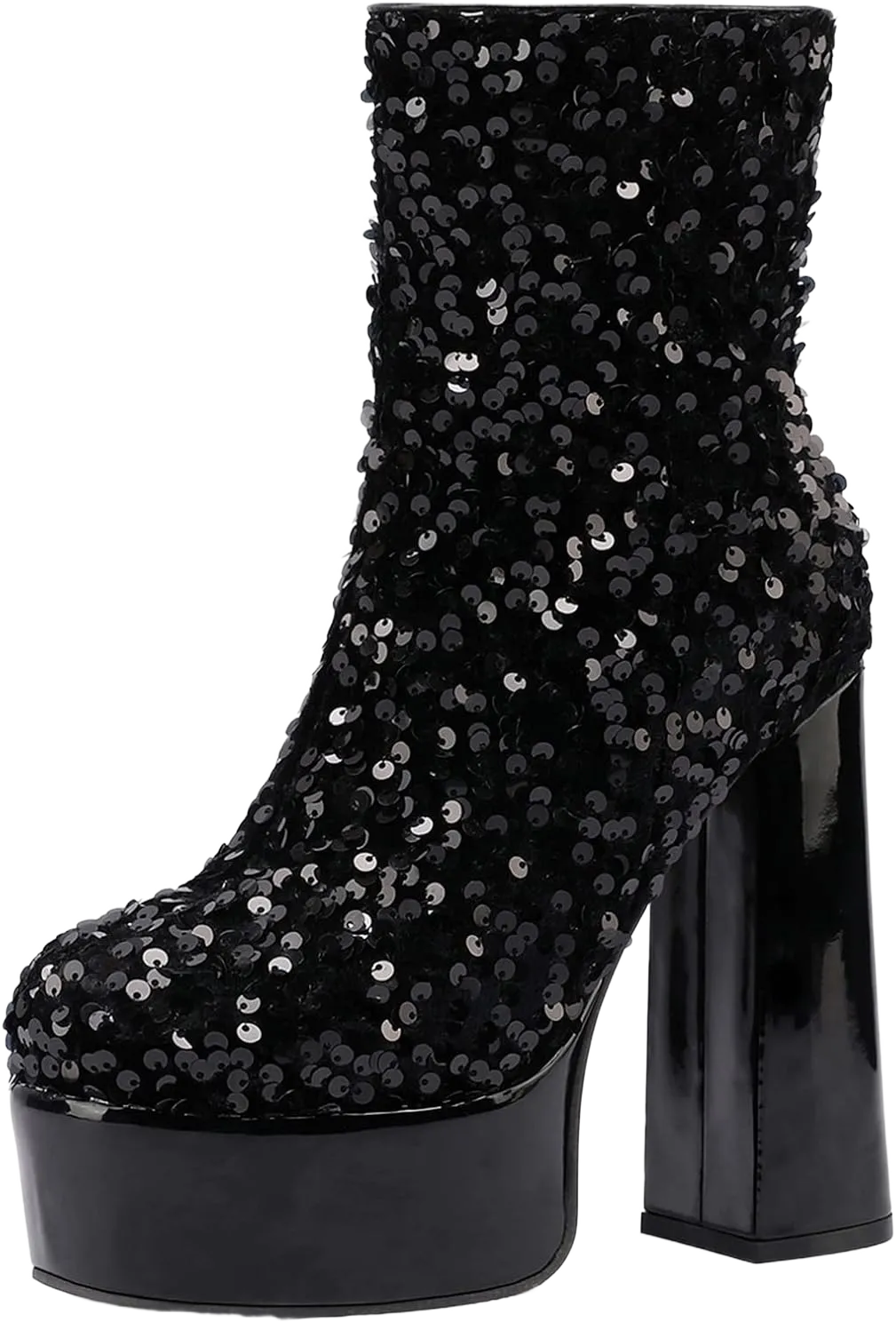 Cozivwaiy Sequins Sparkle Platform Booties for Women Sparkly Block High Heels Ankle Boots Metallic Color Disco Dance Shoes Ankle High 10 Black