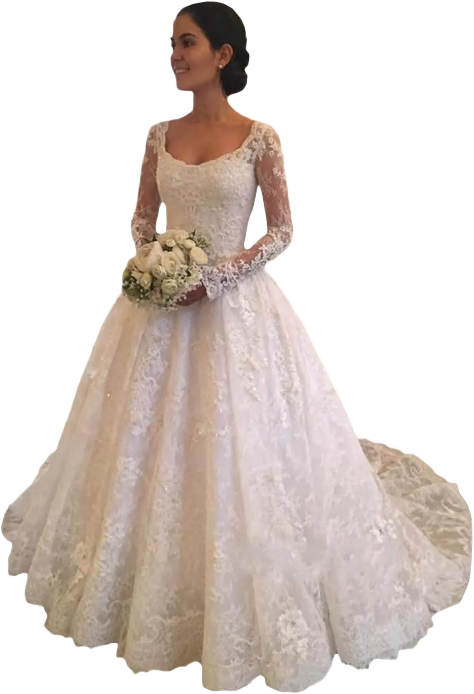 Tsbridal Women Scoop Neck A-line Long Sleeve Lace Wedding Dresses Button Back Appliques Bridal Bridal Gowns Ivory 22 Plus