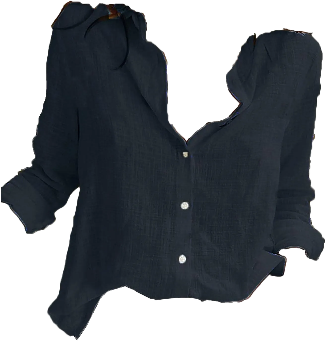 Womens Pure Color Cotton Linen Shirts Roll Up Long Sleeve Buttons Lapel Tunic Blouses Loose Casual Shirt Tops XX-Large Black