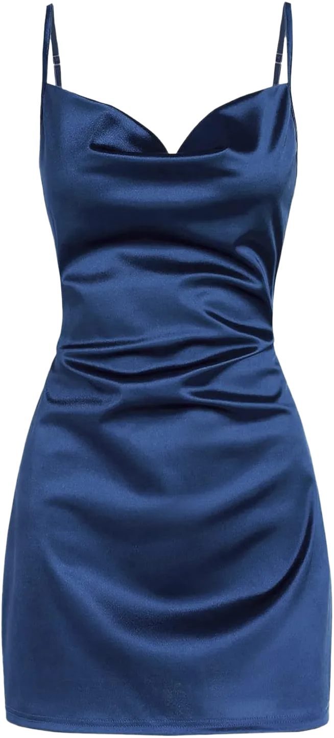 ZAFUL Women's Satin Sleeveless Spaghetti Strap Mini Dress Sexy Slip Cowl Neck Silky Cocktail Party Dresses 1-navy Blue Large