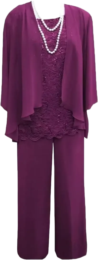 Chiffon Mother of The Bride Pant Suits for Women Dressy 3 Pieces Floral Lace Fuchsia Evening Dresses for Dinner, US 16