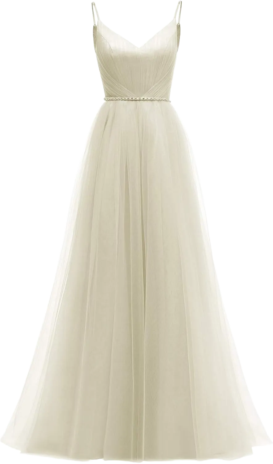 Spaghetti Straps Tulle Bridesmaid Dresses Long for Women V-Neck Beaded Belt Ruched Evening Wedding Prom Ball Gown 22 Champagne