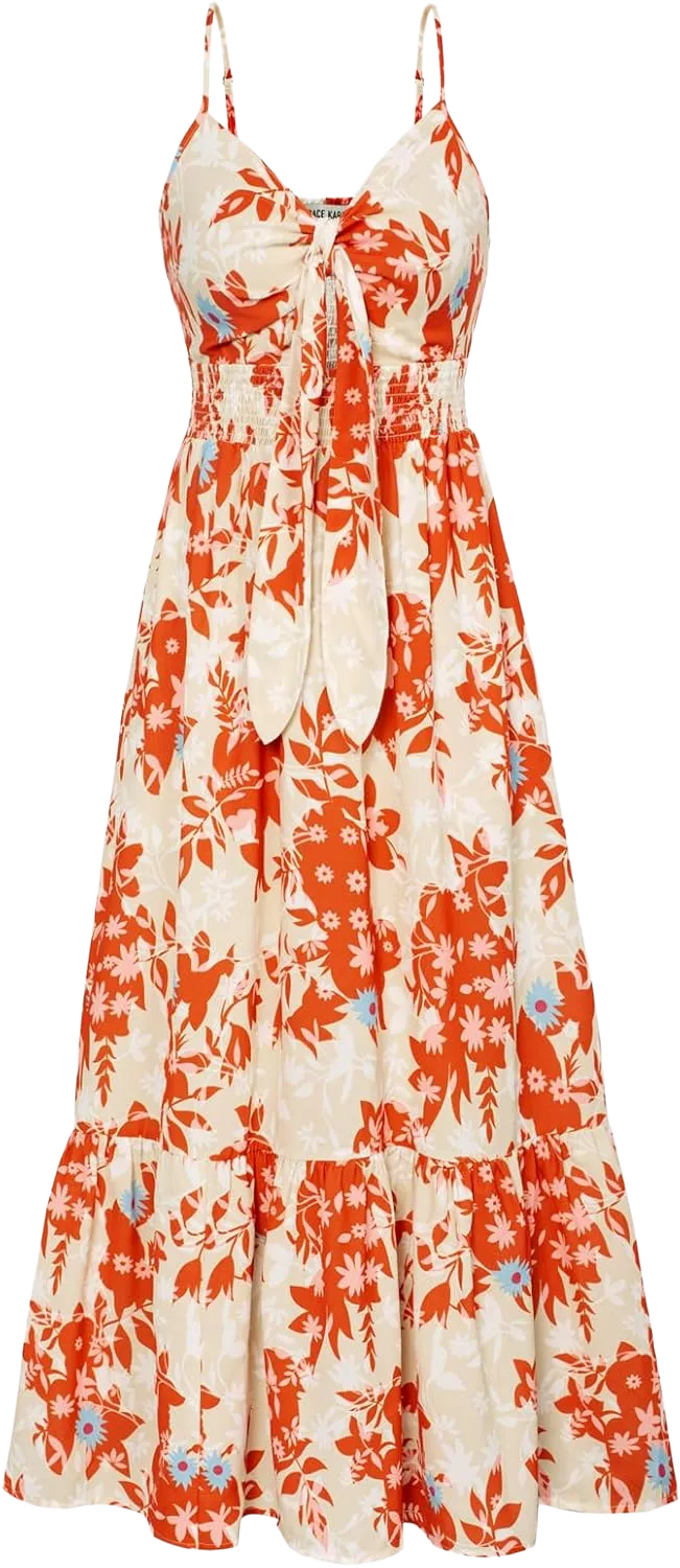 GRACE KARIN Women's 2025 Summer Maxi Dress Floral Tie Front Spaghetti Strap Casual Boho Beach Flowy Sundress with Pockets Medium Orange Floral