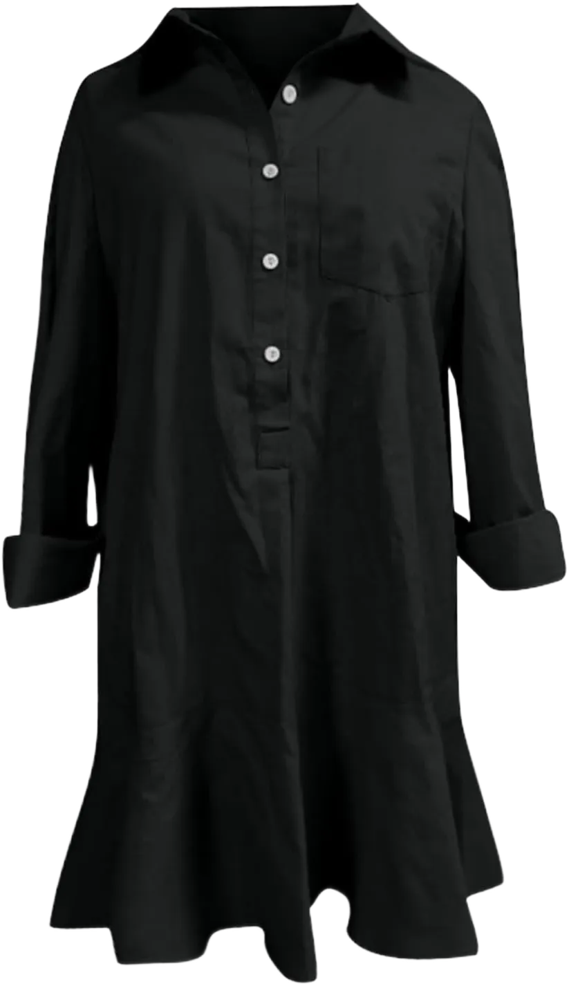 Women's Tunic Shirt Mini Dress Cotton Long Sleeve Short Dress Button Flowy Ruffle Hem Shift Casual Dresses with Pocket B03 Black XX-Large