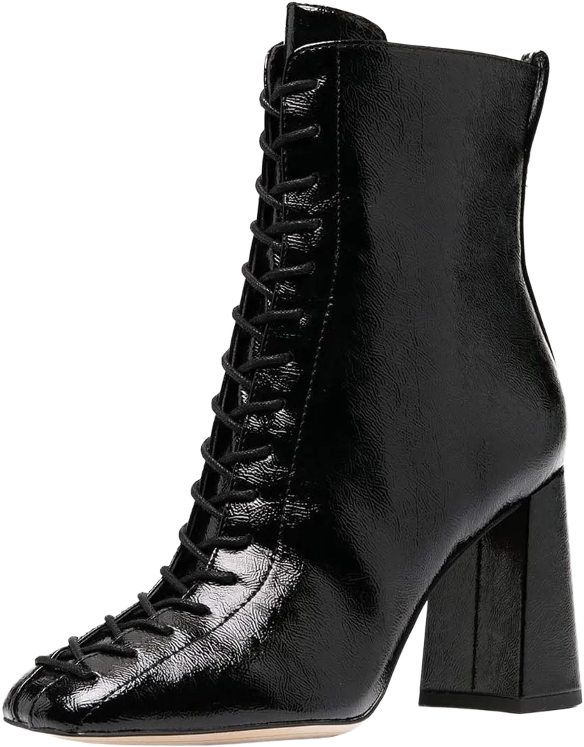FOWT Women's Square Toe High Chunky Block Heeled Ankle Boots Petant Leather Lace-up Side Zipper Short Booties with Autum Windbreaker Lady Shoes for Outdoor Office Party Size US 4-15 6 Black