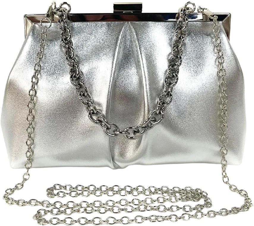Women's Ruched Clutch Handbags PU Leather Evening Bag with Chain for Wedding Party Prom Silver