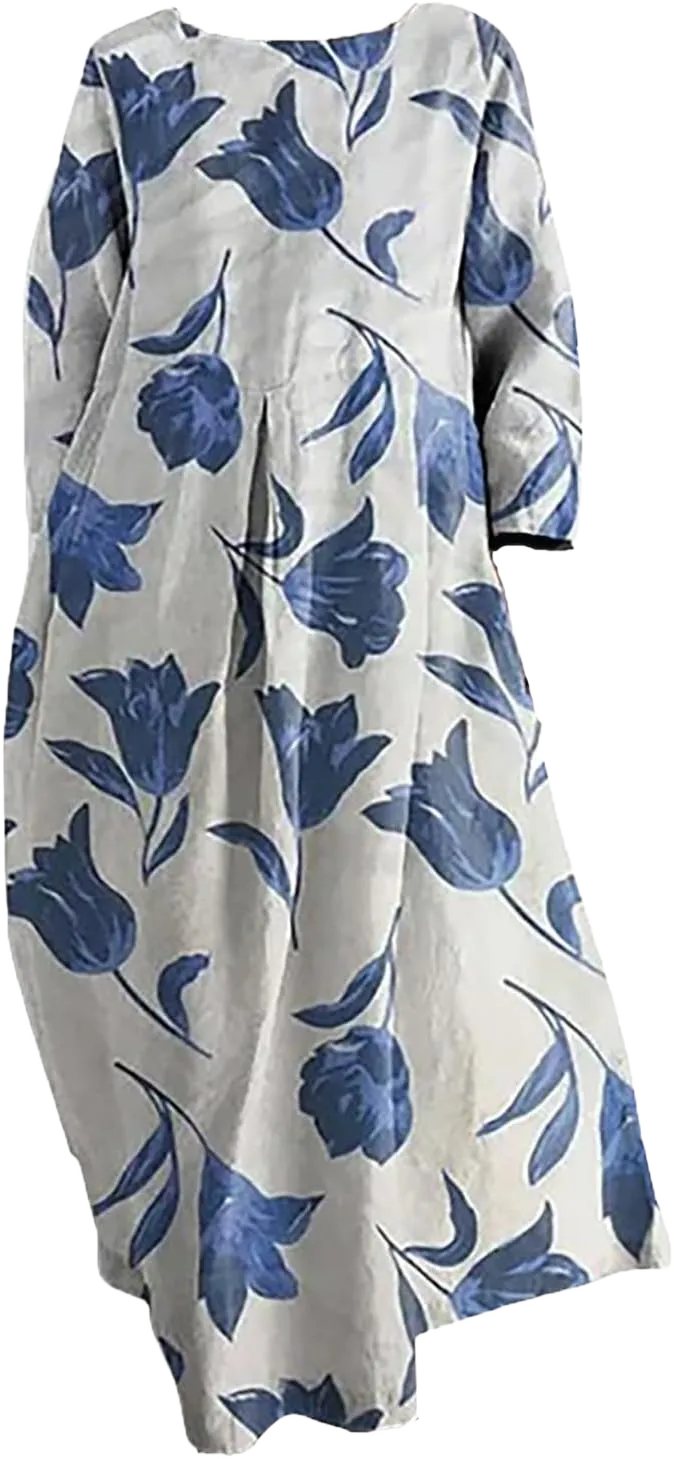 Women's 2024 Boho Maxi Plus Size Dresses Floral Print 3/4 Sleeve Casual Wrap Long Dress Flowy Tie Waist Dress X-Large 33-blue