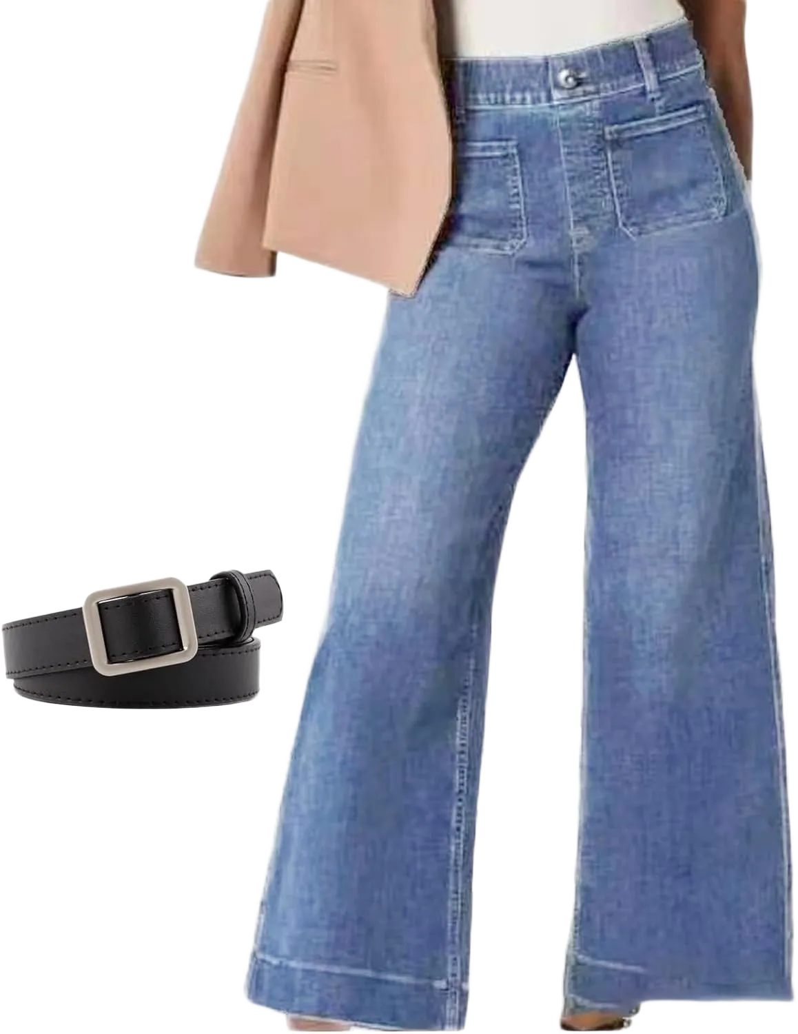 Curvachic Jeans, Tummy Control Cropped Wide-Leg Jeans High Waist Straight Ailor Pants Black Trousers for Women X-Large Light Blue Regular