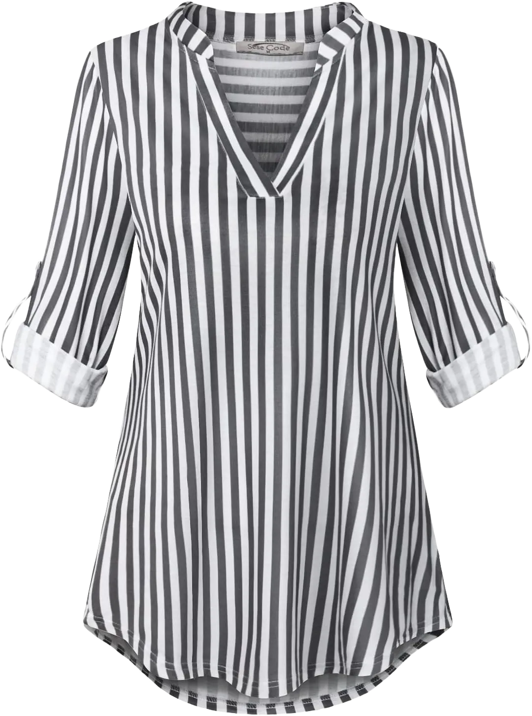 SeSe Code Womens 3/4 Roll Sleeve Plaid Shirt Business Casual Blouses and Tops Dressy for Work X-Large Ac Gery Stripe
