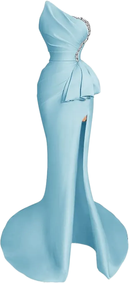 Strapless Satin Long Evening Gowns for Women 2024 Beaded Sleeveless Ruched Mermaid Long Prom Dresses with Slit 24 Plus Sky Blue