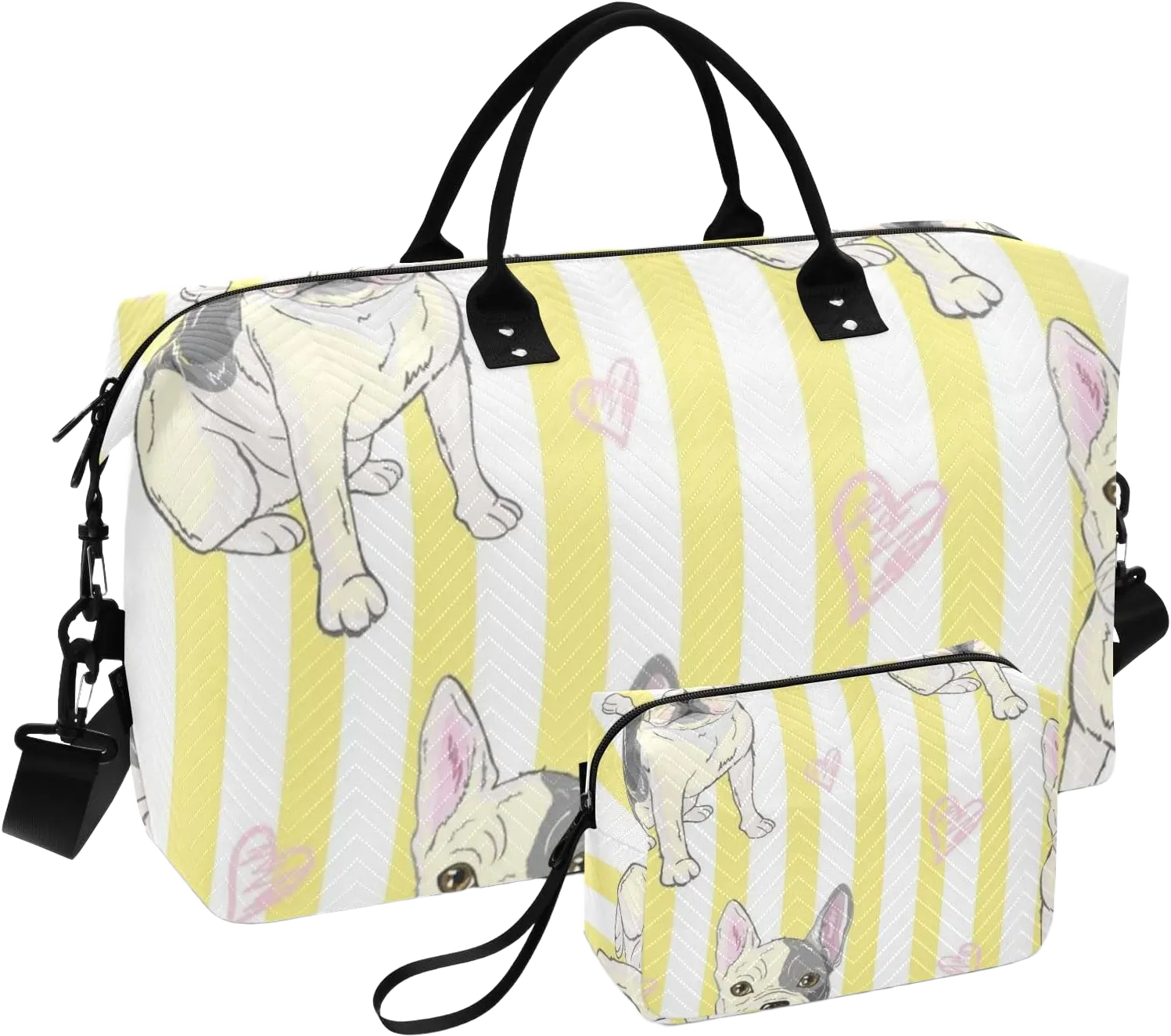 Cute French Bulldog Yellow Stripes Travel Duffle Bag, Large Weekender Overnight Bags for Women Men Waterproof Carry on Shoulder Tote Bags for Hospital Maternity Mommy Gym with Toiletry Bag