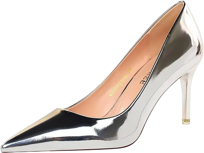 JOEupin Women's Pumps 3 inch High Heels for Women Pointed Closed Toe Patent Leather Sexy Stiletto Wedding Heel Homecoming Prom Shoes 6.5 Silver