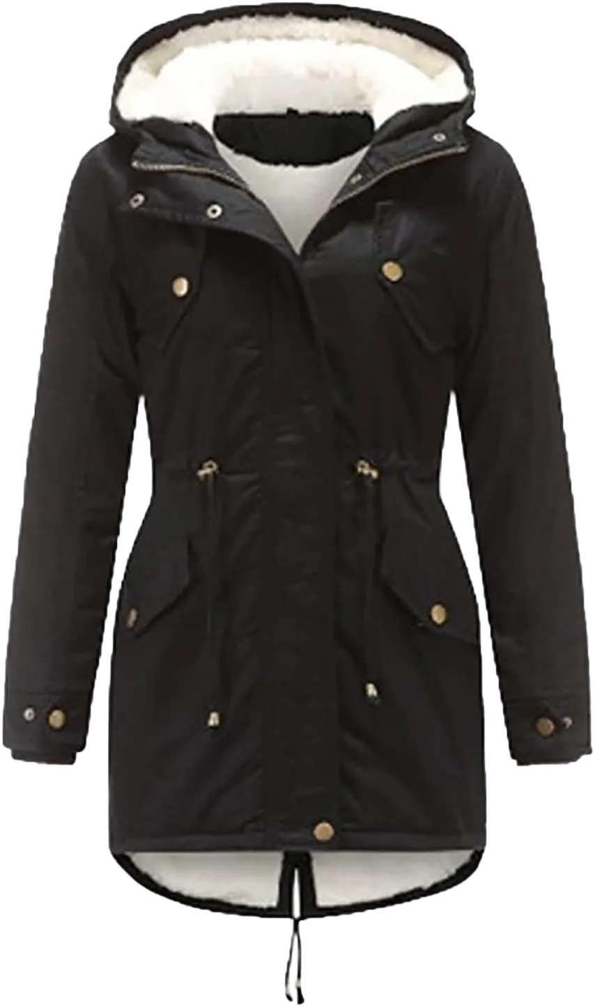 Women Winter Coats Fuzzy Fleece Lined Sherpa Outerwear Insulated Hooded Parka Jacket Thickened Zipper Clothes 3X-Large Black